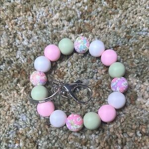 Wild Flowers Soft Pink Pistachio Green White Keychain Bracelet Wristlet Silicone